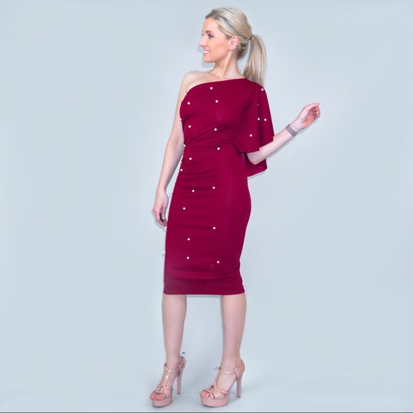 Burgundy Red Midi Dress with Pearls - Picture 5 of 8